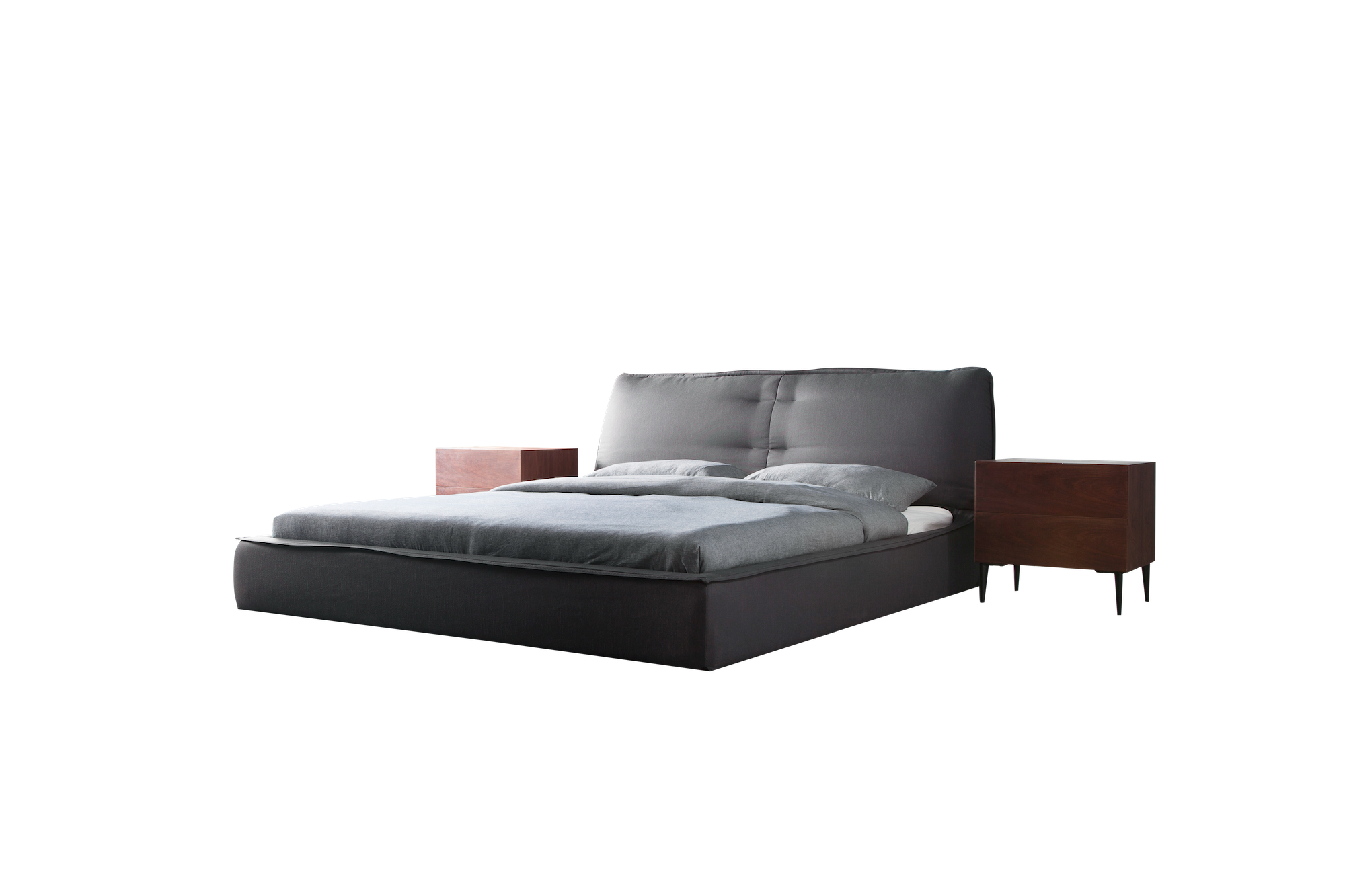 Black bed frame grey sheets bed side table